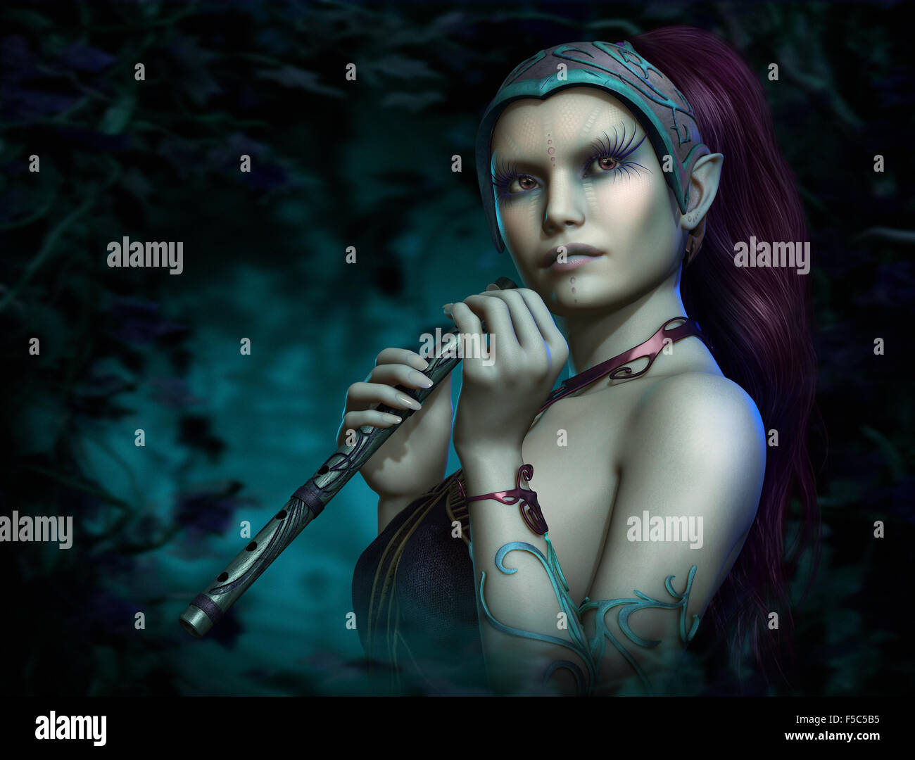L'infographie 3d d'une fée bleue avec une flûte Banque D'Images