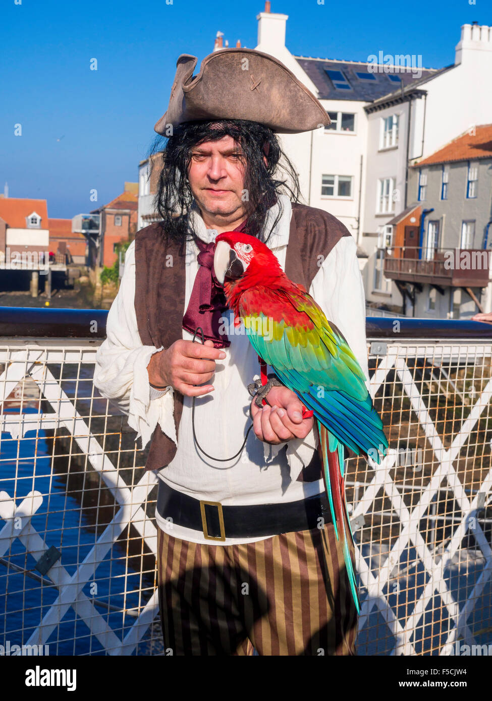 Un homme en robe Pirate pose avec un ara perroquet sur le pont tournant au Whitby Goth semaine fin novembre 2015 Banque D'Images