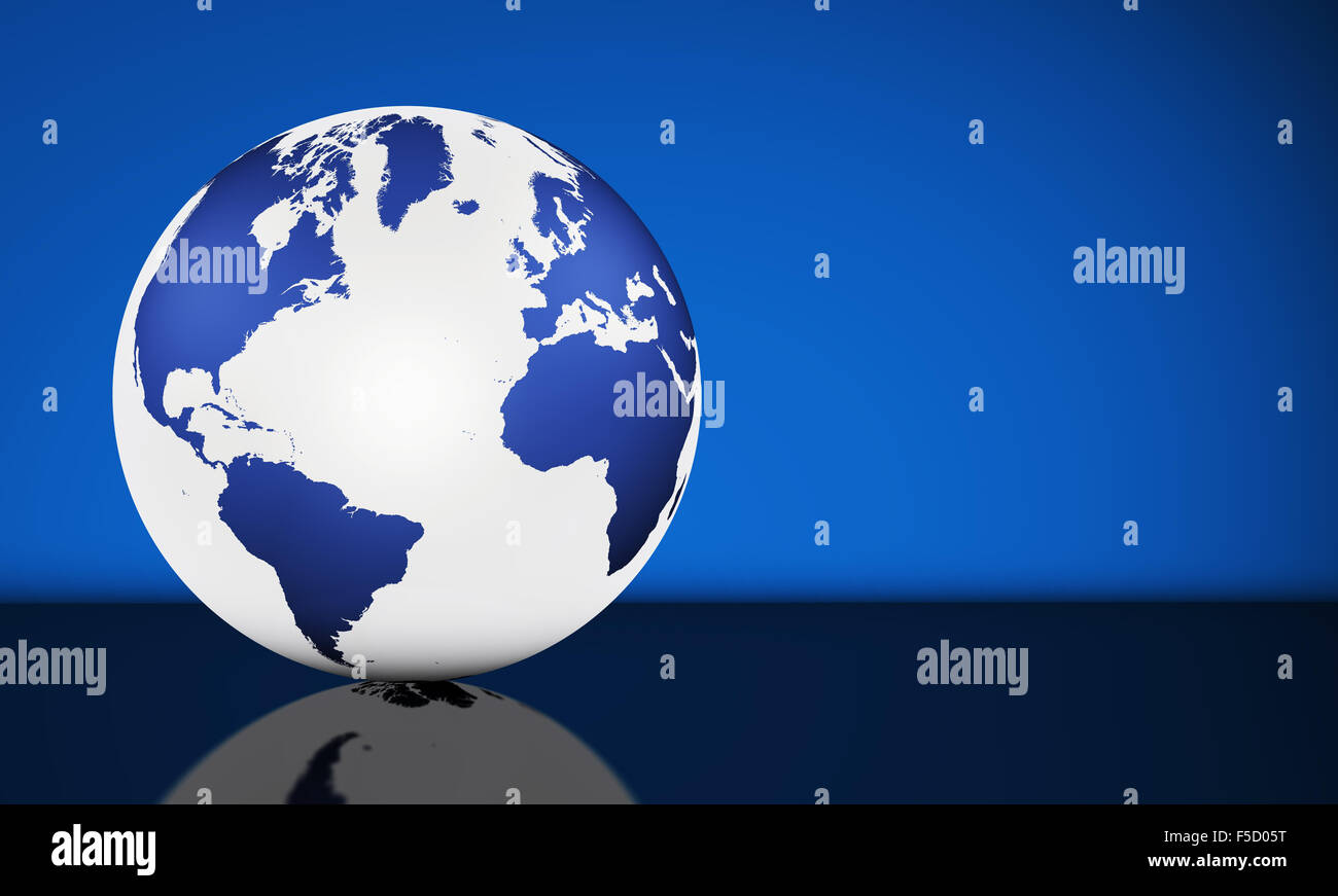 Billet, de services et de gestion internationale des affaires concept avec carte du monde sur un globe et fond bleu avec copie espace. Banque D'Images