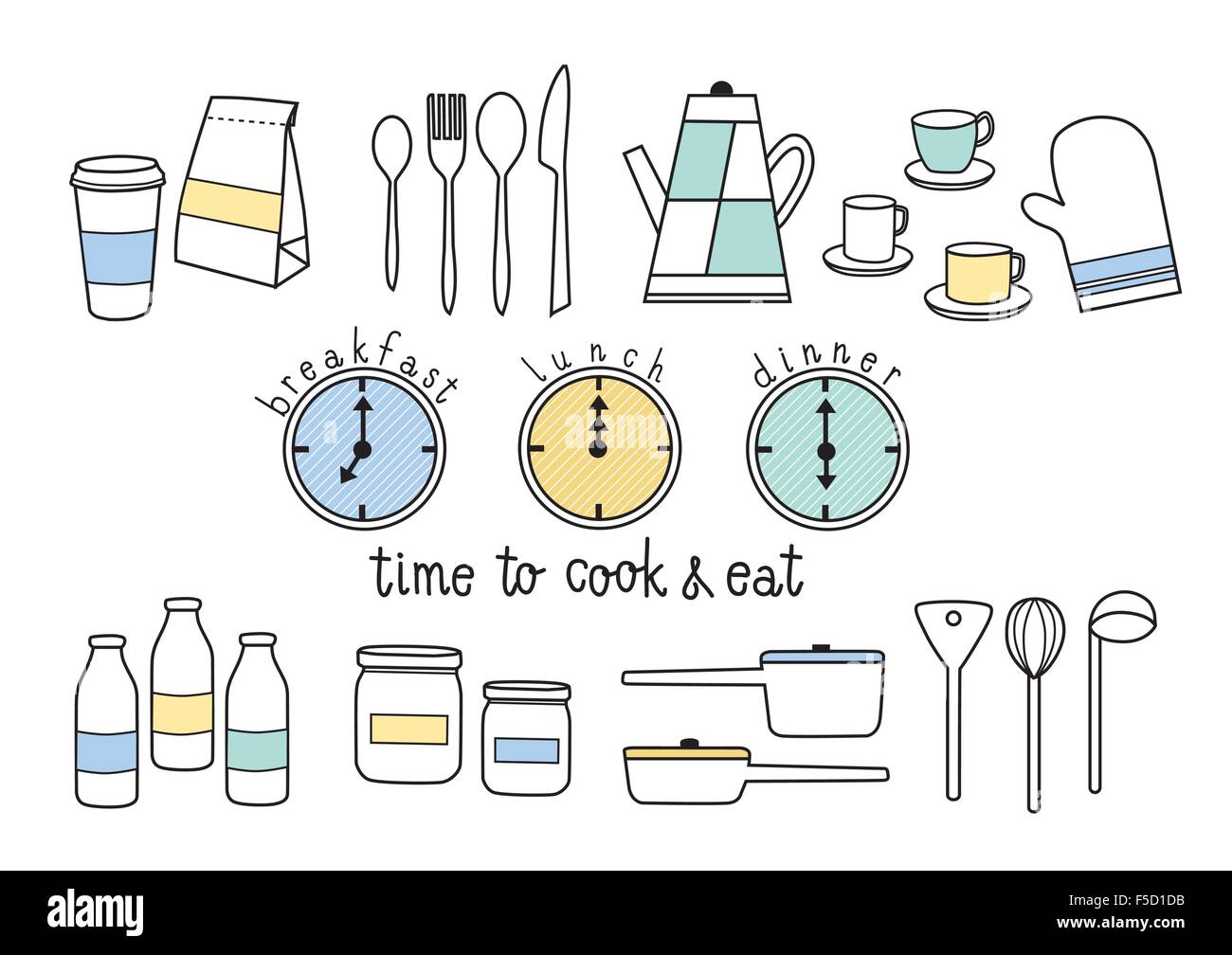 Le temps de faire cuire et manger le petit-déjeuner, déjeuner et dîner Illustration de Vecteur