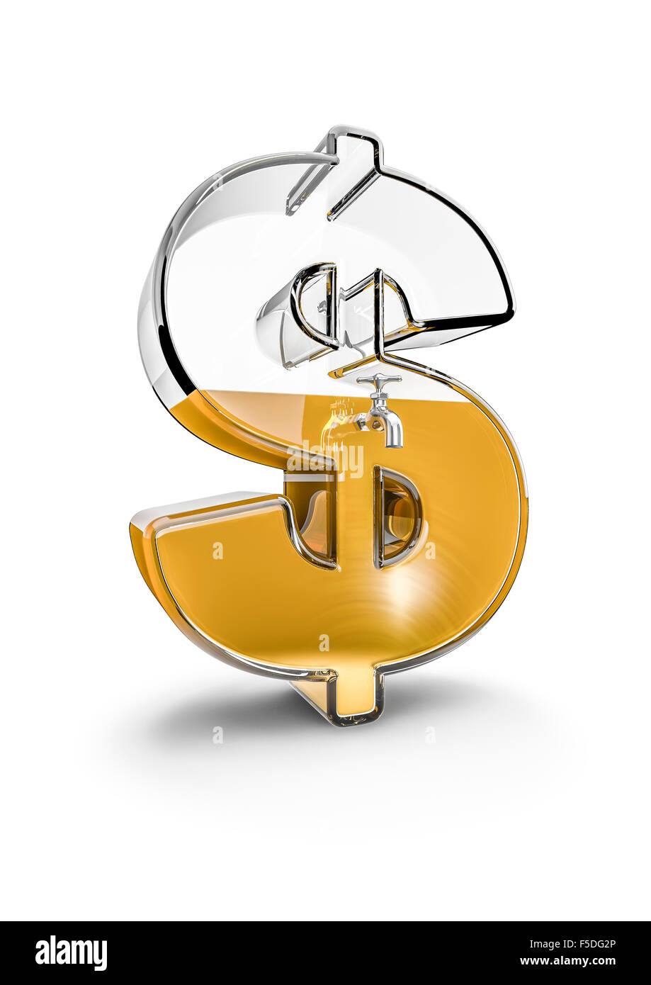 Dollar de verre / verre de rendu 3D symbole dollar avec tap remplis d'or liquide Banque D'Images