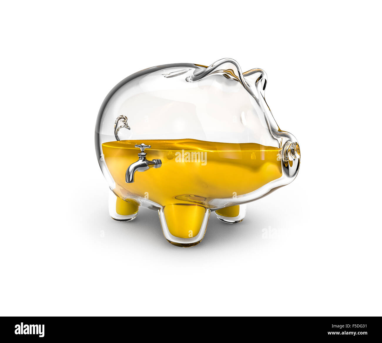Tirelire en verre / 3D render of glass tirelire avec robinet à moitié d'or liquide Banque D'Images