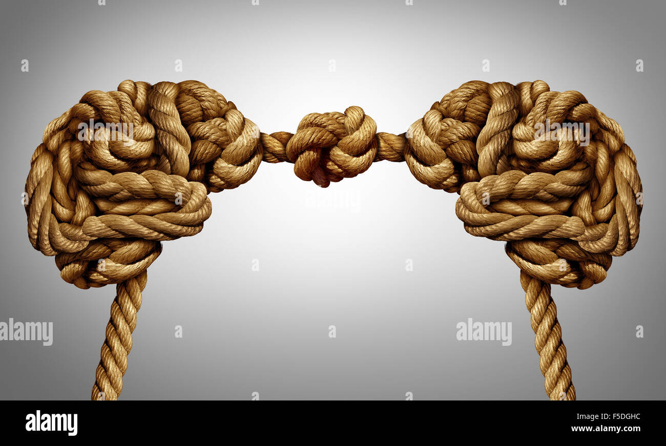 La pensée des concept comme une alliance pour l'échange d'idées et d'un commun accord comme deux cerveaux faites de corde attachés ensemble comme un symbole de coopération. Banque D'Images