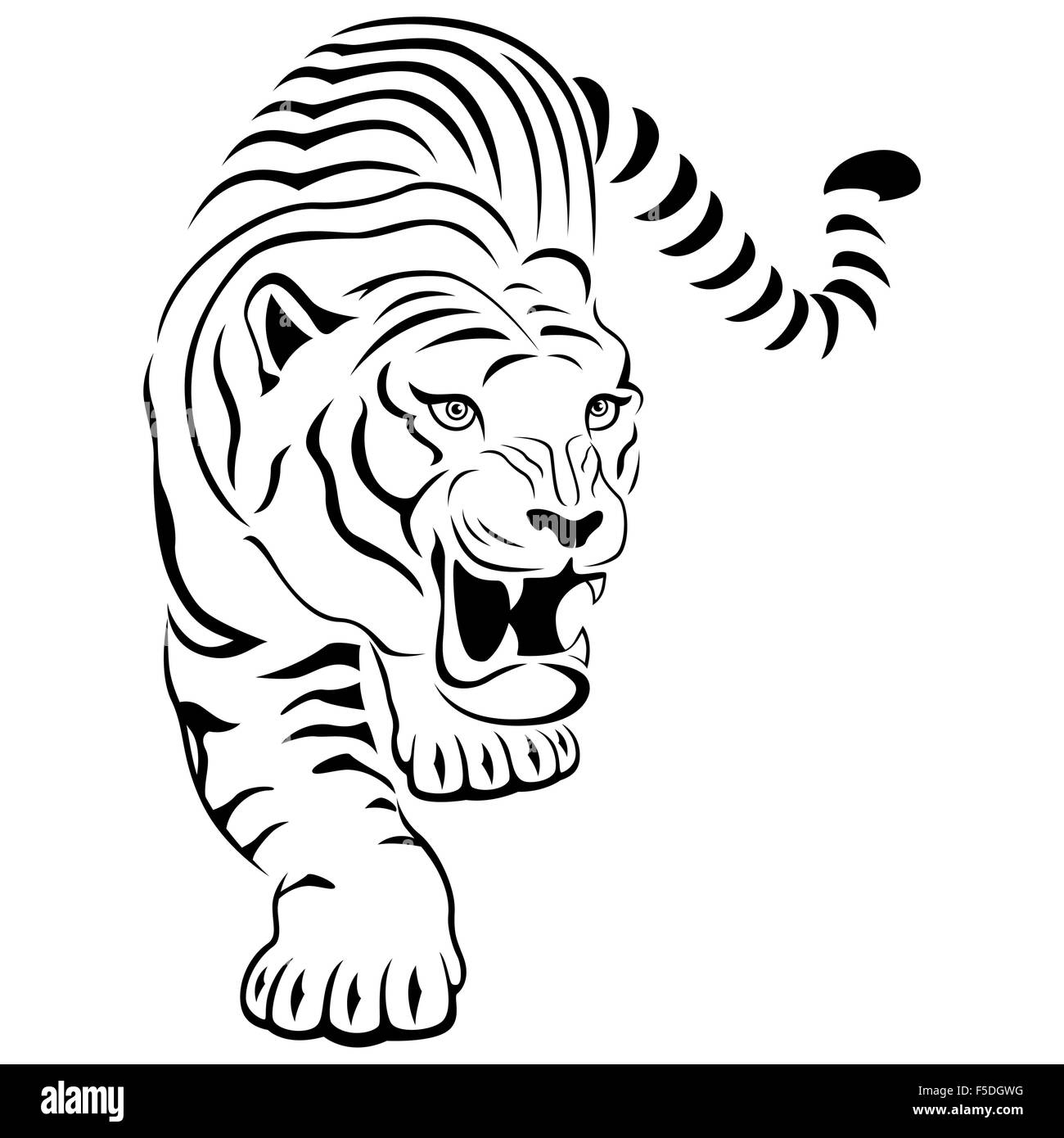 Dissimulé agressif grand tigre sur la chasse, dessin à la main contour vectoriel isolé sur fond blanc Illustration de Vecteur