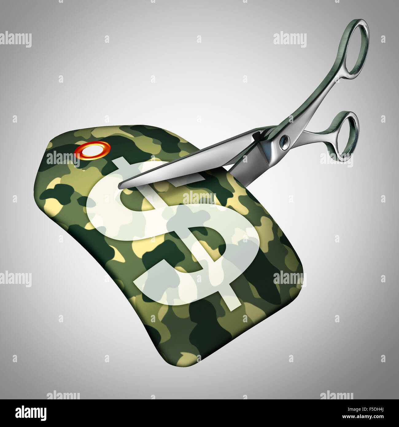 Les forces armées et la réduction des dépenses de défense comme un symbole de réduction comme une étiquette de prix avec un motif de camouflage Banque D'Images