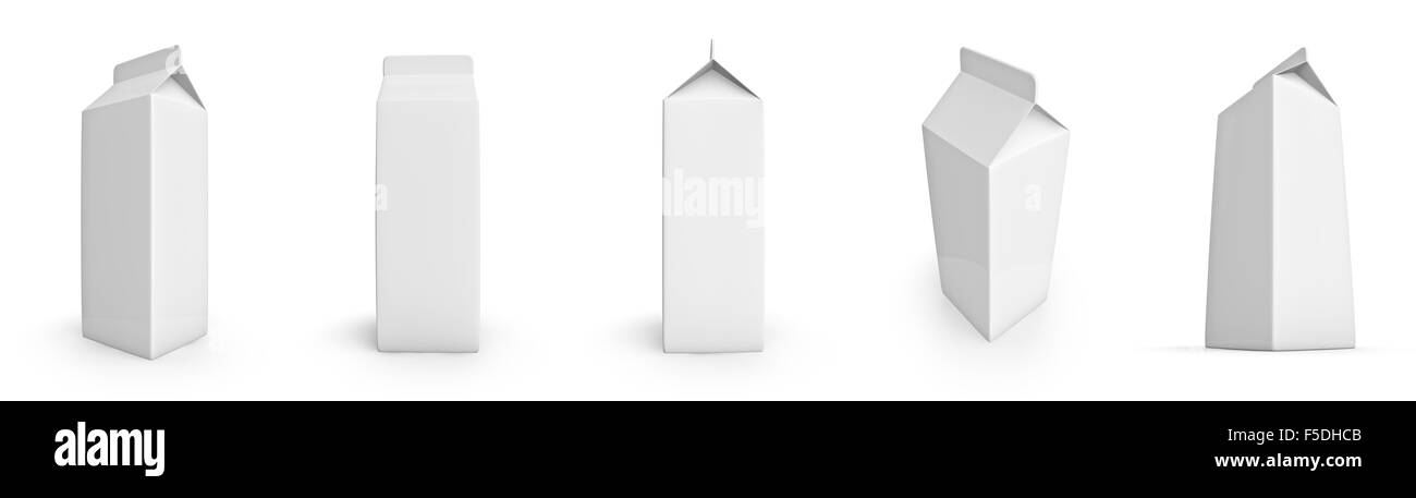 Ensemble de cartons de jus ou de lait blanc / 3D render of cinq vues de carton vierge prêt à l'artwork Banque D'Images
