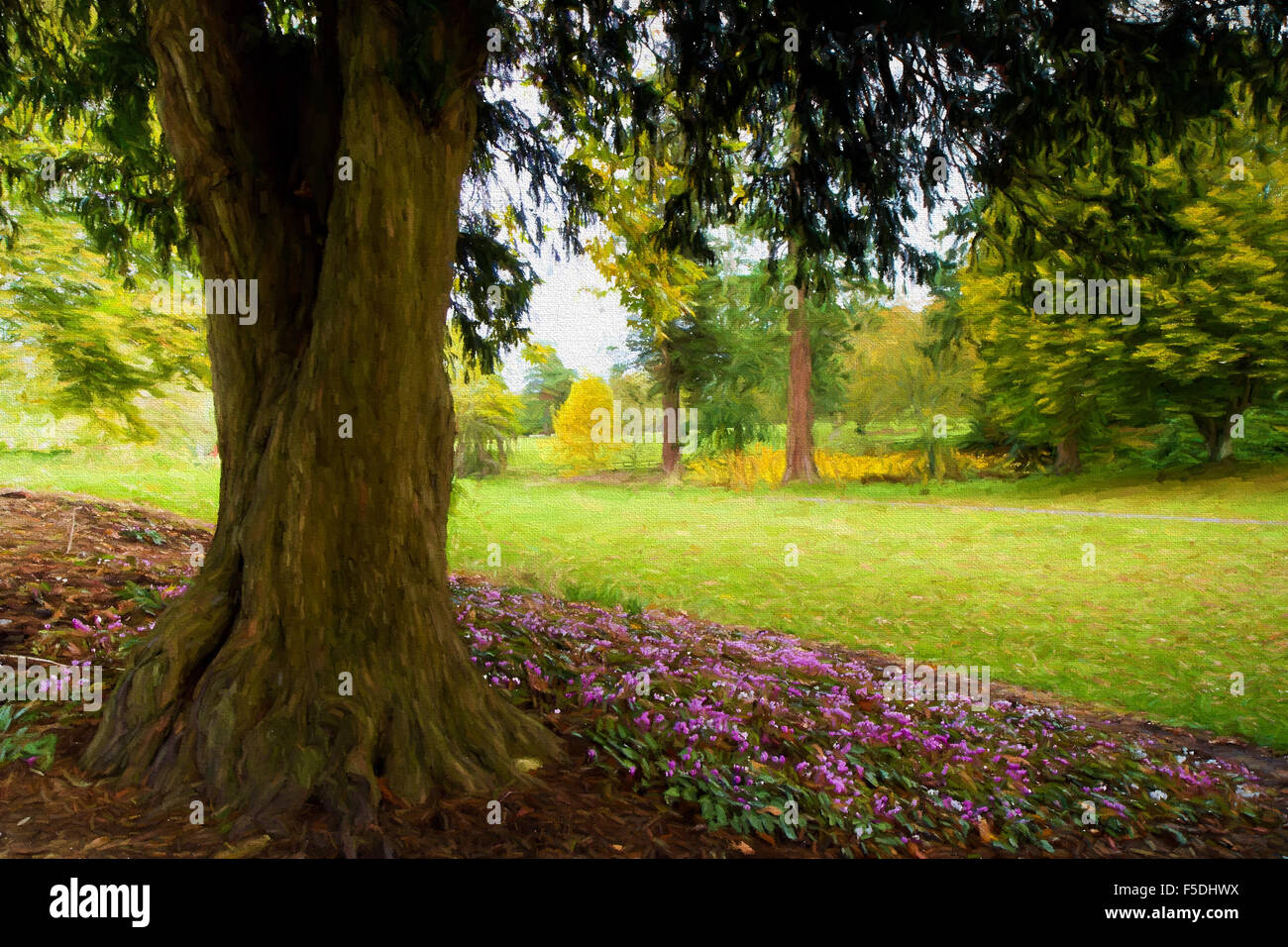 Fleurs roses sous un arbre dans un magnifique parc anglais illustration comme la peinture à l'huile Banque D'Images