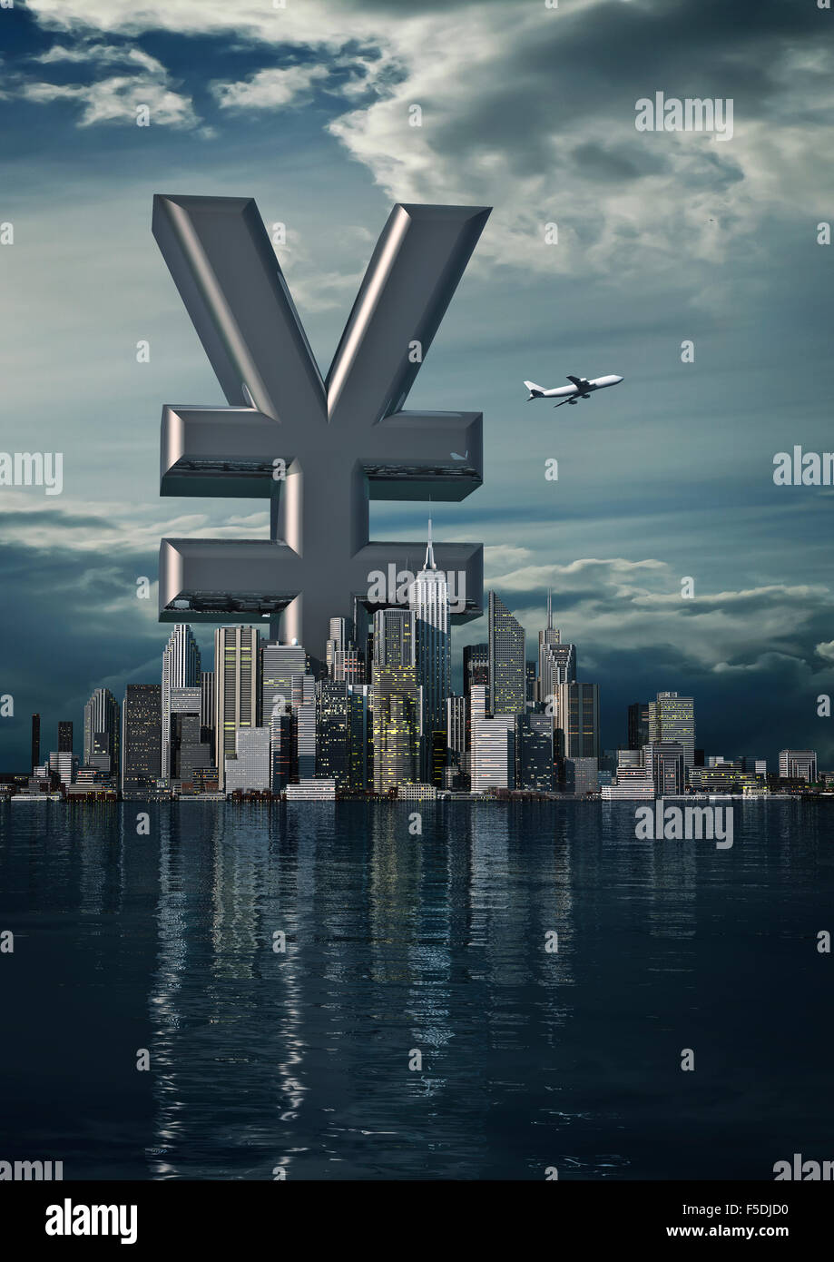 Affaires ville yen / 3D render of yen symbol passant de ville moderne Banque D'Images