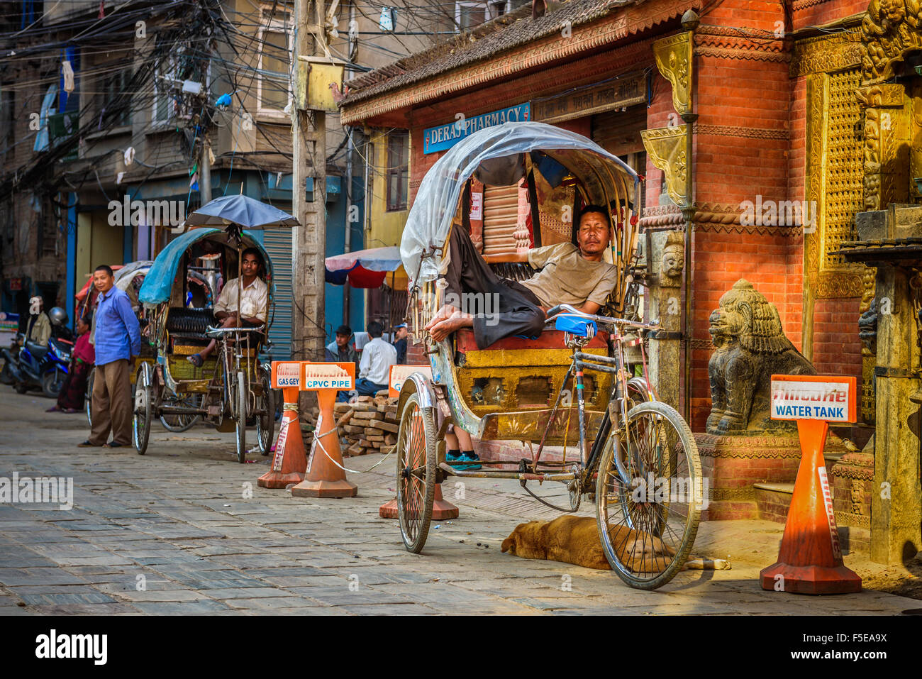 Népalais traditionnel rickshaw stationné sur la rue avec un coin couchage conducteur et son chien. Banque D'Images