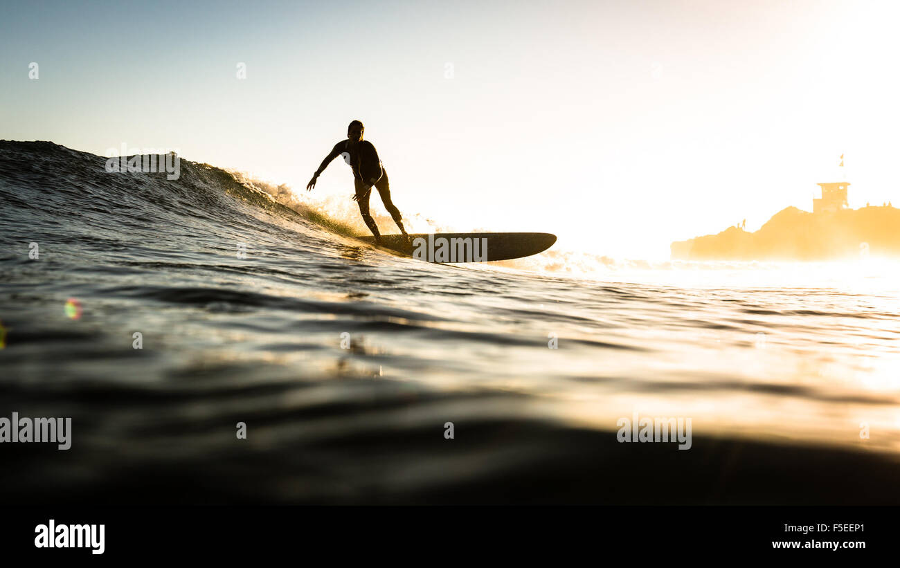 Femme surf au coucher du soleil, Malibu, California, USA Banque D'Images