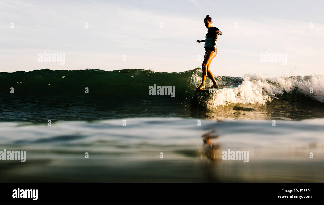 Femme surf au coucher du soleil, Malibu, California, USA Banque D'Images