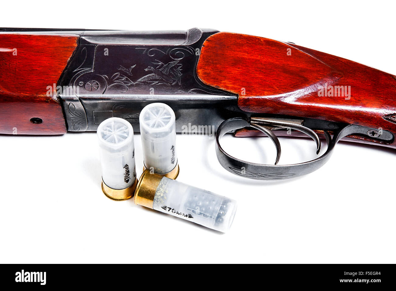 Fusil de chasse et des munitions sur fond blanc. Cartouches pour fusil de chasse. Vue rapprochée montrant le mécanisme de rifle Banque D'Images Fusil de chasse et des munitions sur fond blanc. Cartouches pour fusil de chasse. Vue rapprochée montrant le mécanisme de rifle Banque D'Images