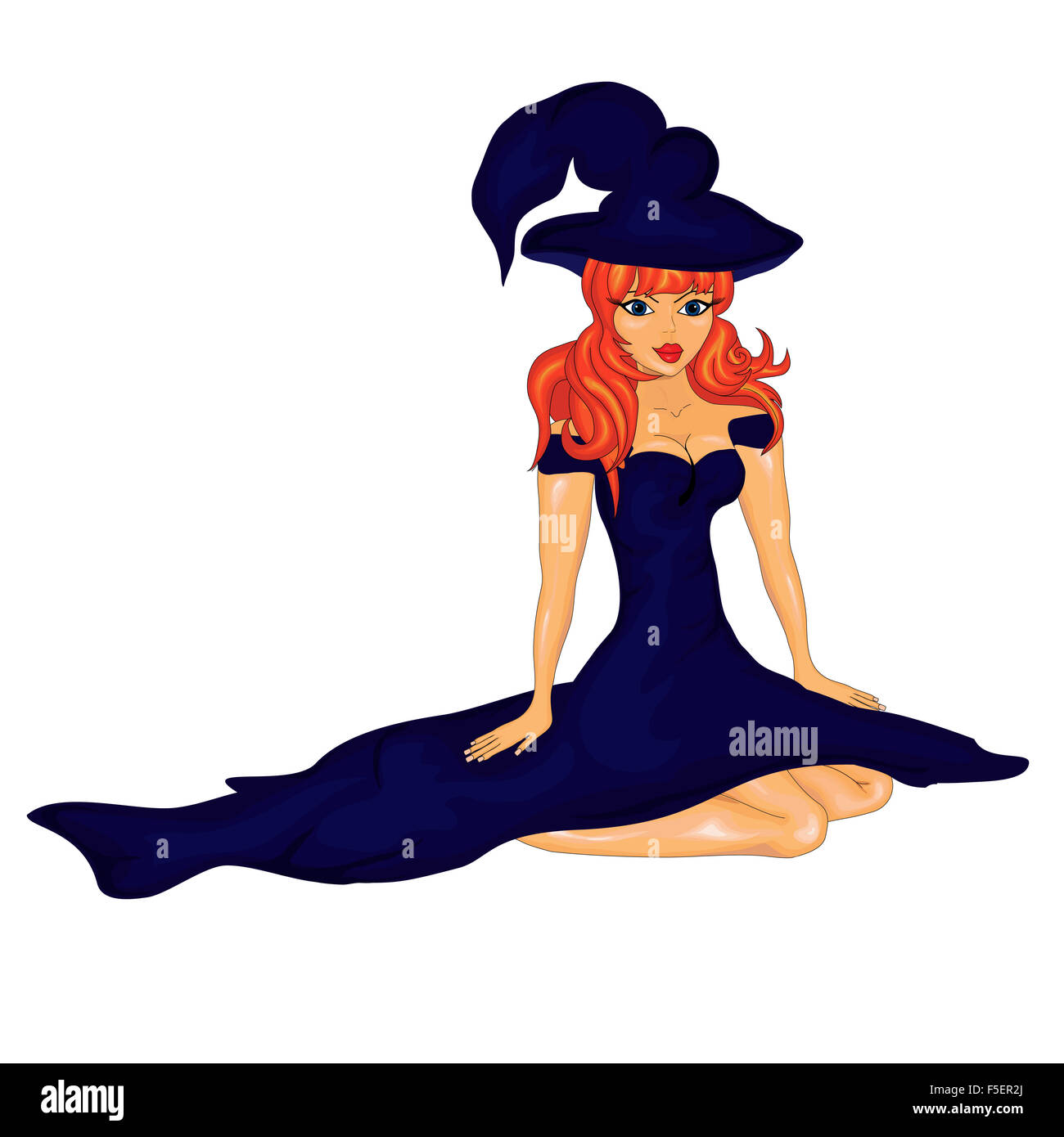 Bannière halloween .La belle fille, la sorcière en robe bleue. vector Banque D'Images