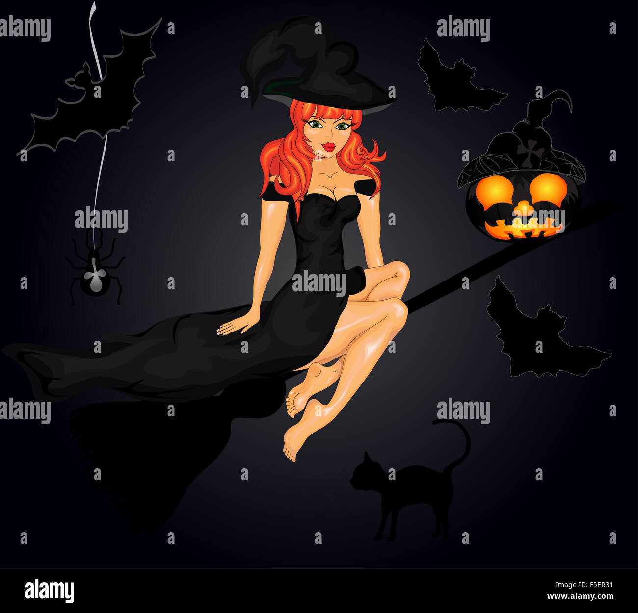 Arrière-plan de l'halloween avec des citrouilles et sorcières. vector illustration Banque D'Images