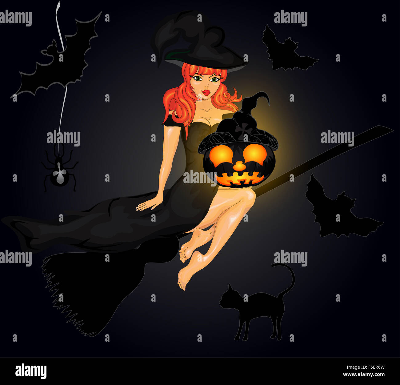 Arrière-plan de l'halloween avec des citrouilles et sorcières. vector illustration Banque D'Images