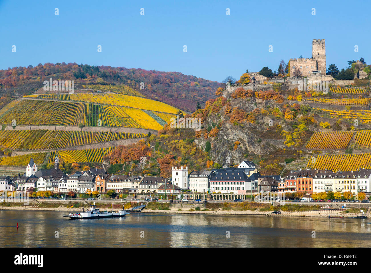 Château Gutenfels, au-dessus de Kaub, Allemagne, vallée du Haut-Rhin moyen, car-ferry, vignes, Banque D'Images