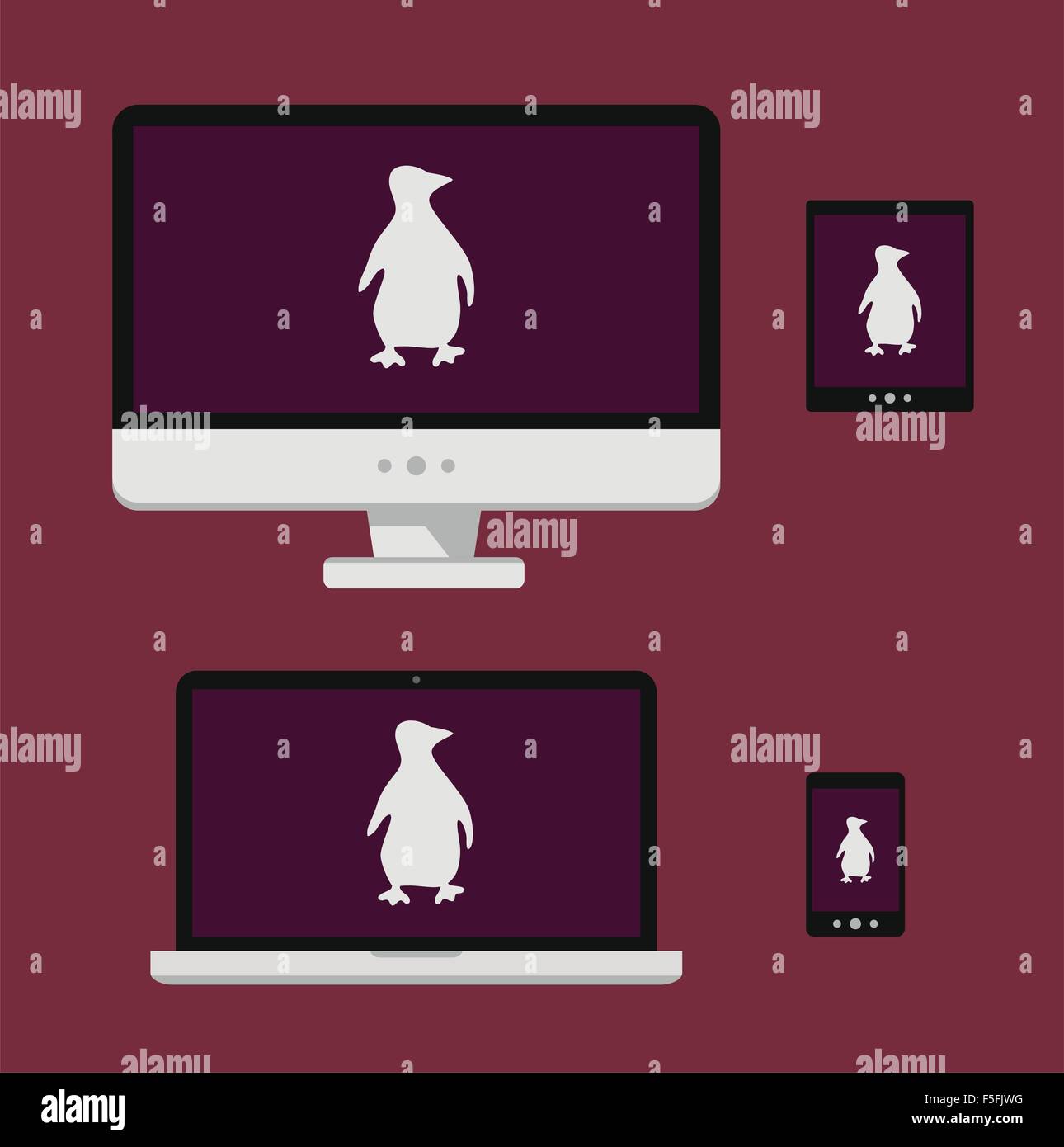 Vector illustration portable, smartphone, tablette, écran d'ordinateur avec blanc pingouin linux silhouette Illustration de Vecteur