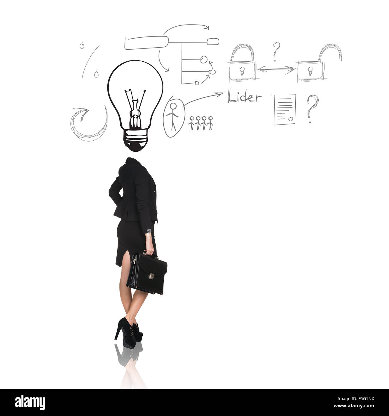 Femme d'affaires avec grand chef au lieu de l'ampoule Banque D'Images