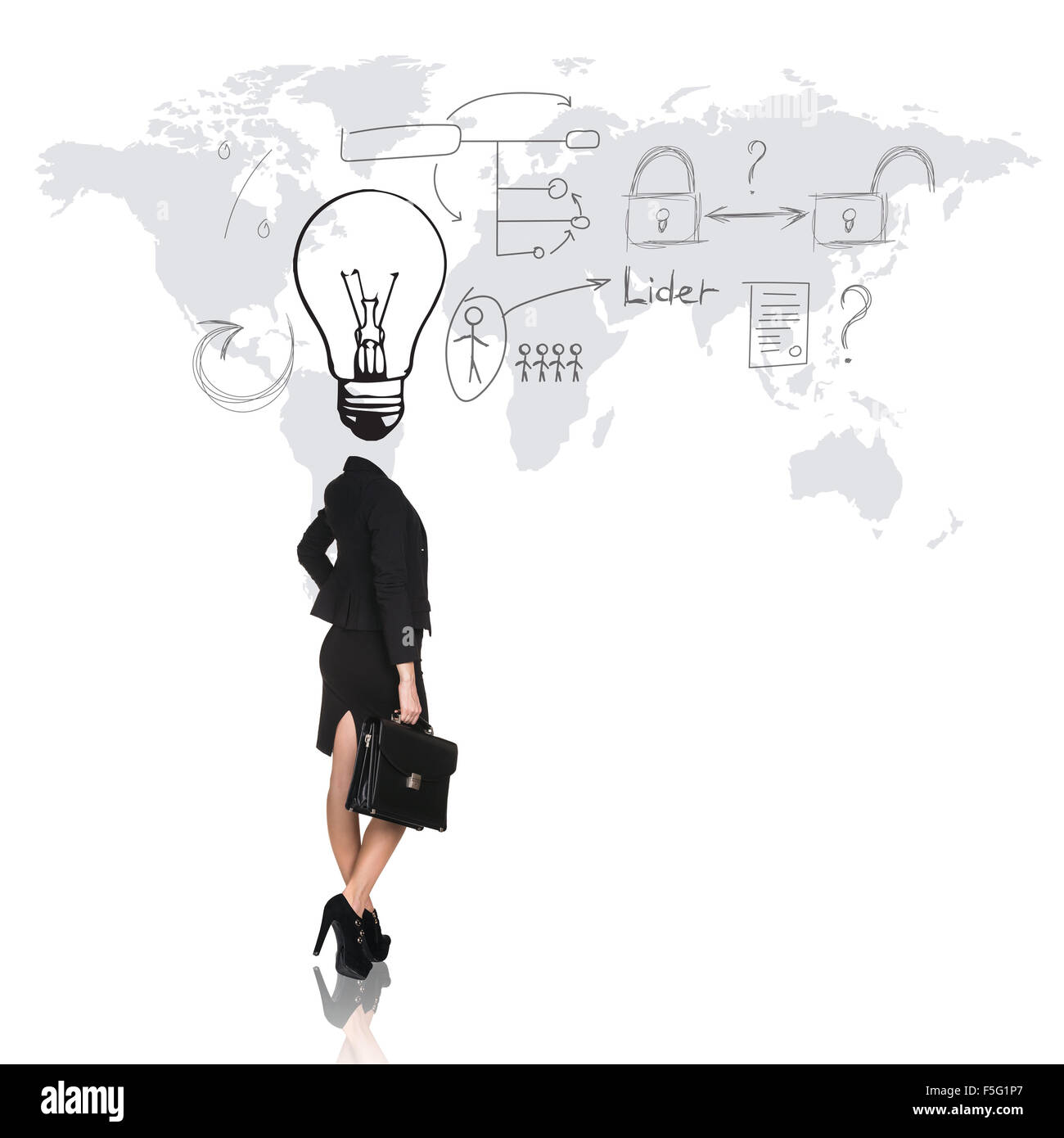 Femme d'affaires avec grand chef au lieu de l'ampoule Banque D'Images