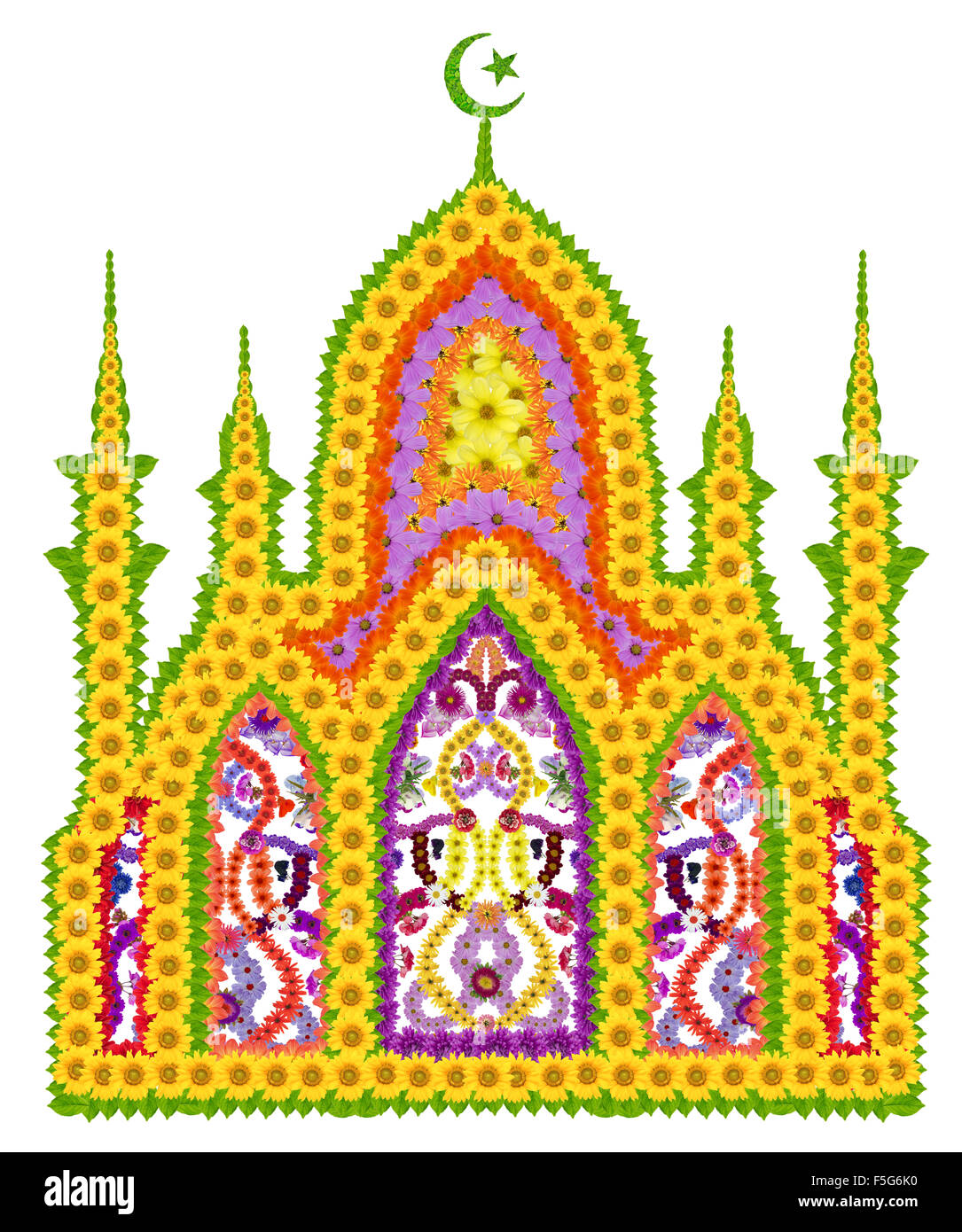 Le symbole abstrait de la mosquée l'image comme élément de tapis tapis islamique à base de tournesols et feuilles. Collage fait main isolé Banque D'Images