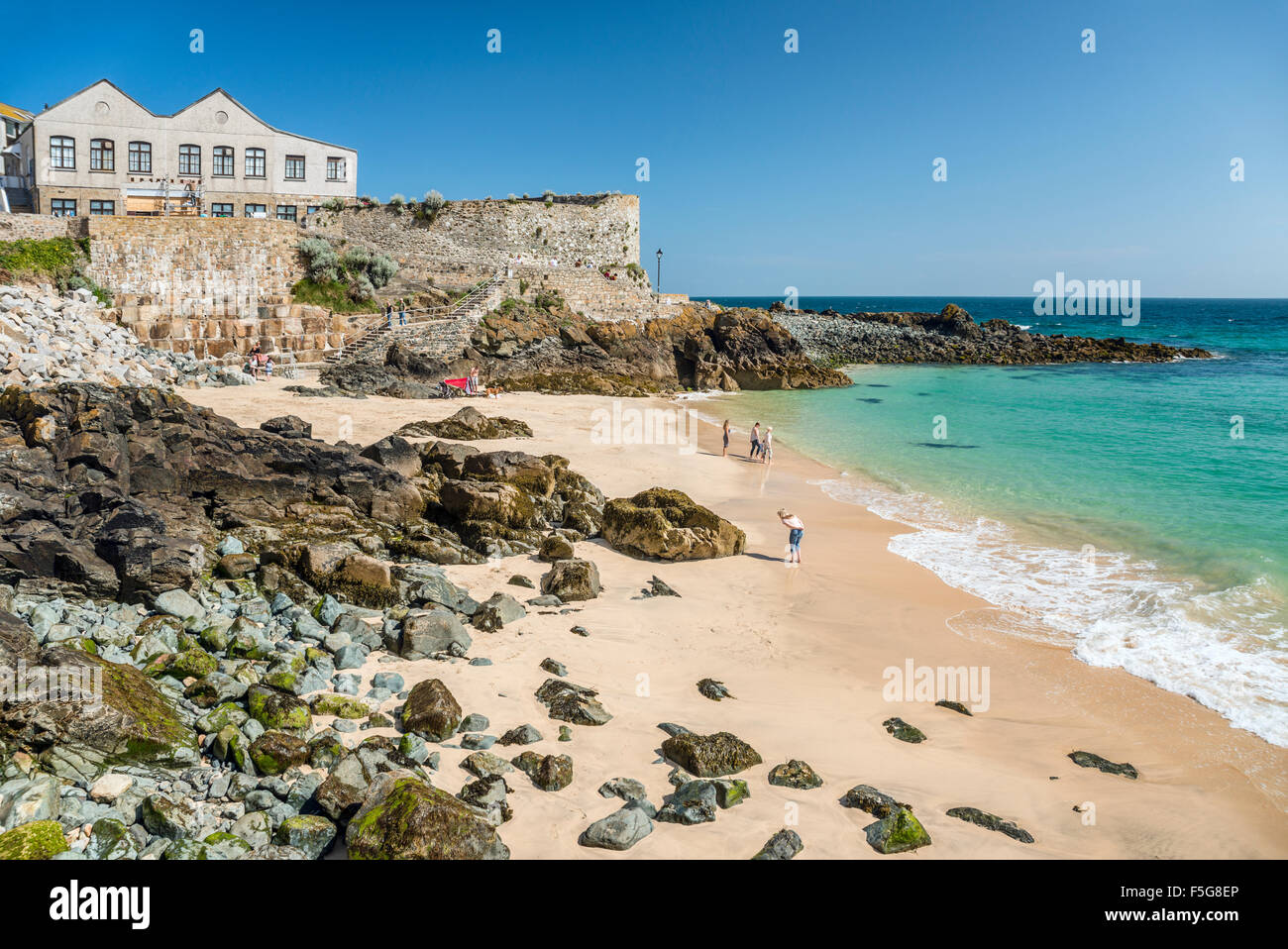 Bamaluz Beach de St.Ives, vue de Smeatons Pier, Cornwall, Angleterre, Royaume-Uni Banque D'Images