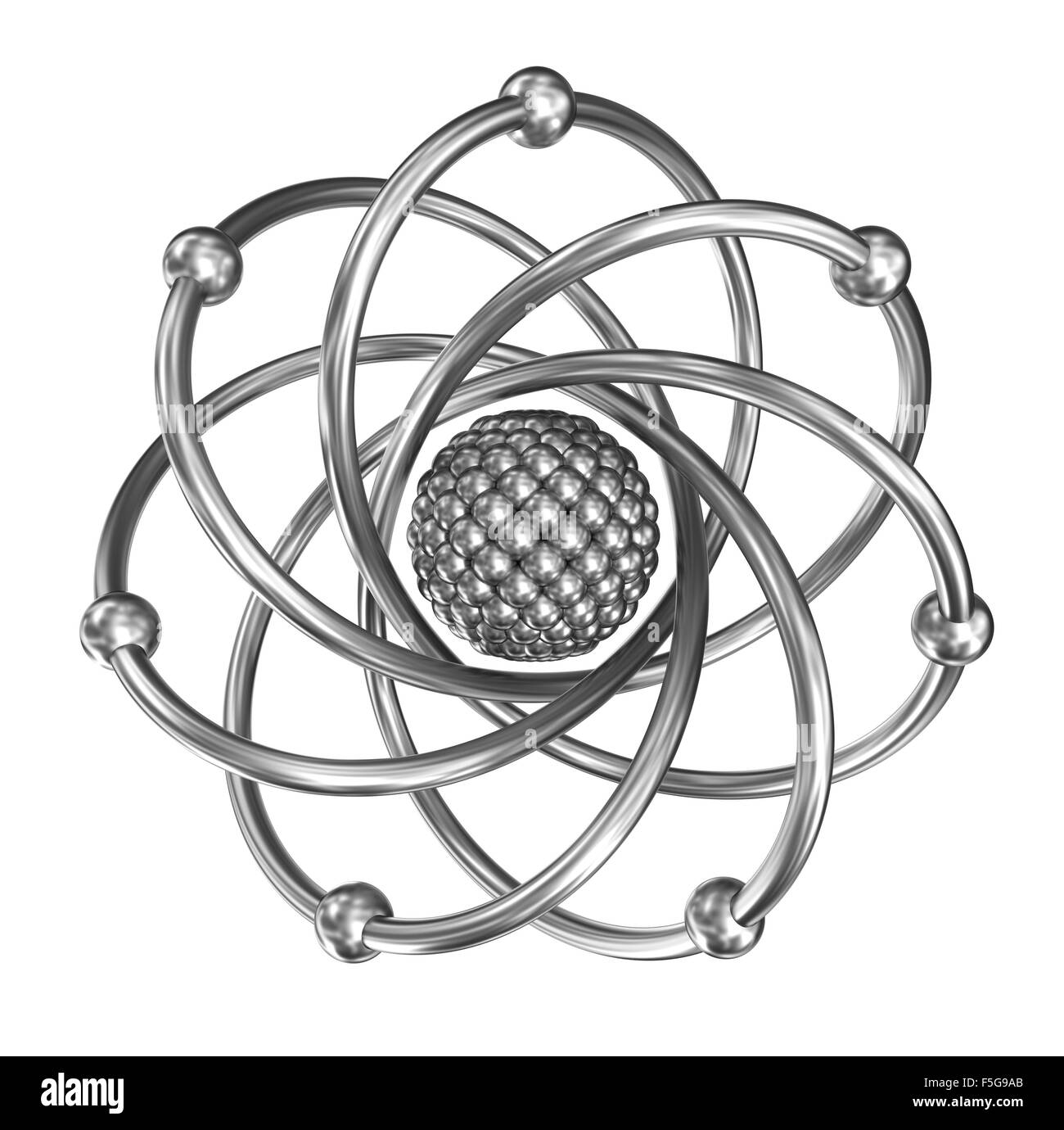 Atom - relistic modèle à partir de l'acier sur fond blanc Banque D'Images