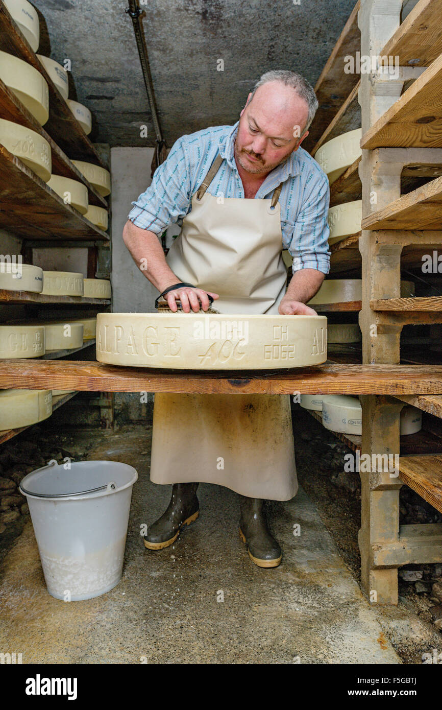 M. Jean Louis Roche fromage brosses roues à son alpage, une montagne de produits laitiers. Tout le travail est fait de manière traditionnelle. Gruyère, Banque D'Images