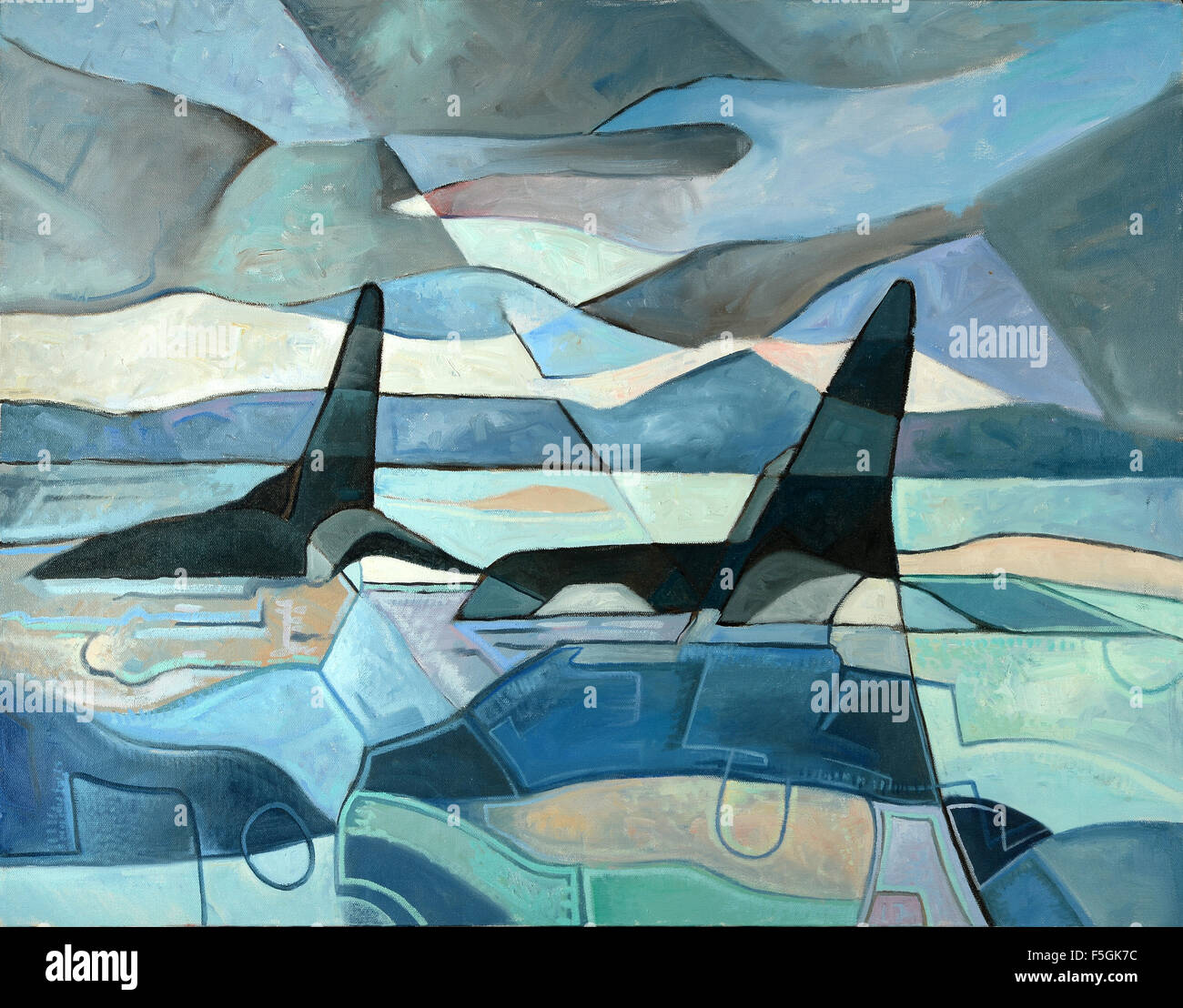 La peinture abstraite de deux orques la natation. Huile sur toile Banque D'Images