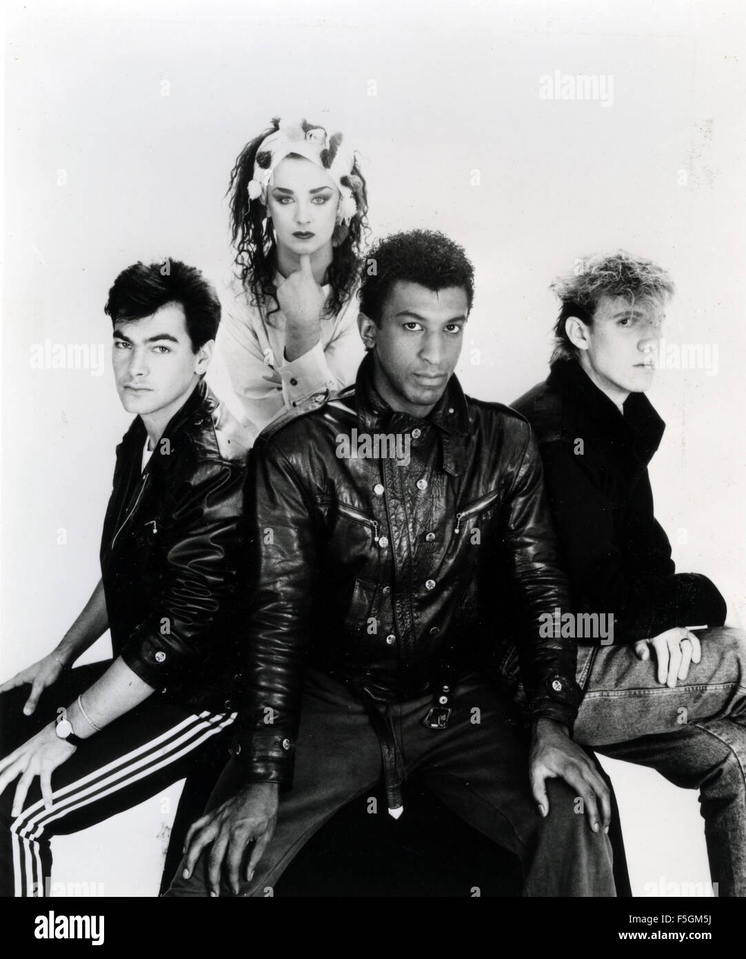 CULTURE CLUB photo de promotion de groupe pop anglais de 1982. De gauche à droite : Jon Moss, Boy George, Mickey Craig, Roy Hay Banque D'Images