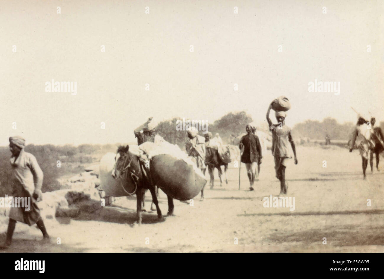 Le transport des marchandises à pied et à cheval, Inde Banque D'Images
