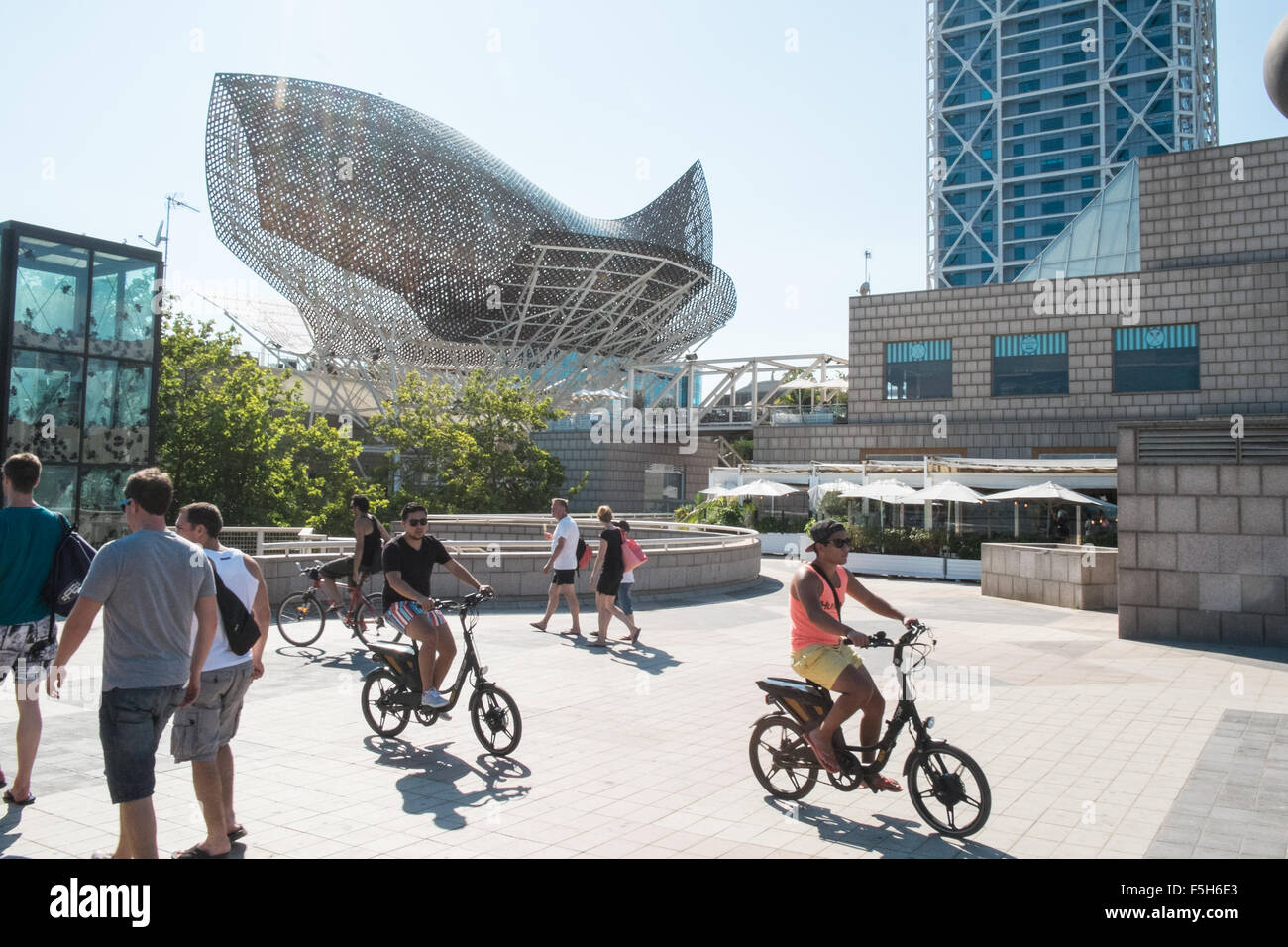 Poisson ou Peix,sculpture en bronze de Frank Gehry au Port Olympique zone. Bien baigneurs à la plage de Barceloneta urbain,Barcelone,Catalan,Espagne Banque D'Images