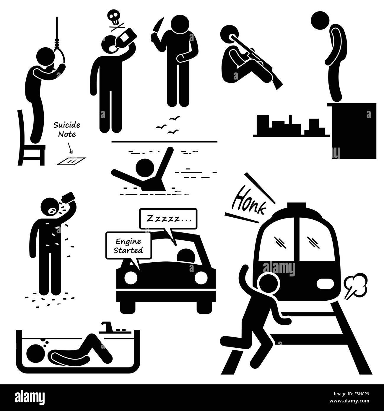 Méthodes de Suicide suicidaires Stick Figure Icônes pictogramme Illustration de Vecteur