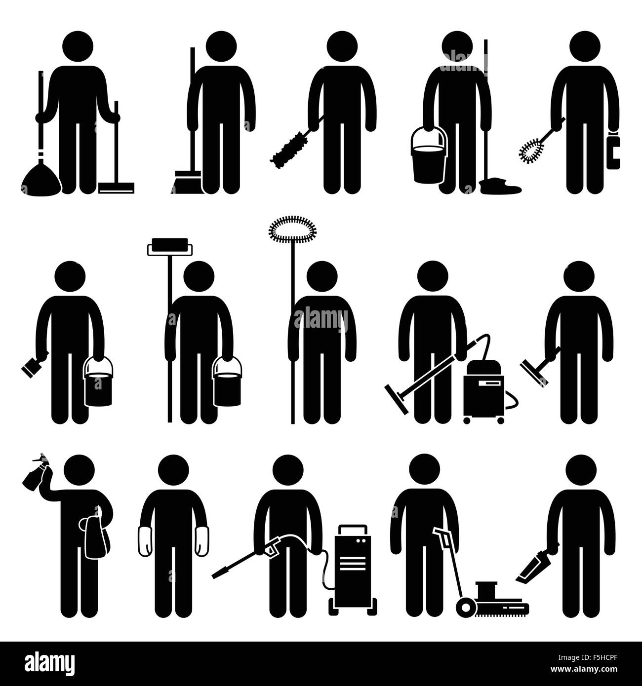 Chauffeur particulier à l'aide d'un travailleur homme Outils et équipements de jardinage Stick Figure Icônes pictogramme Illustration de Vecteur