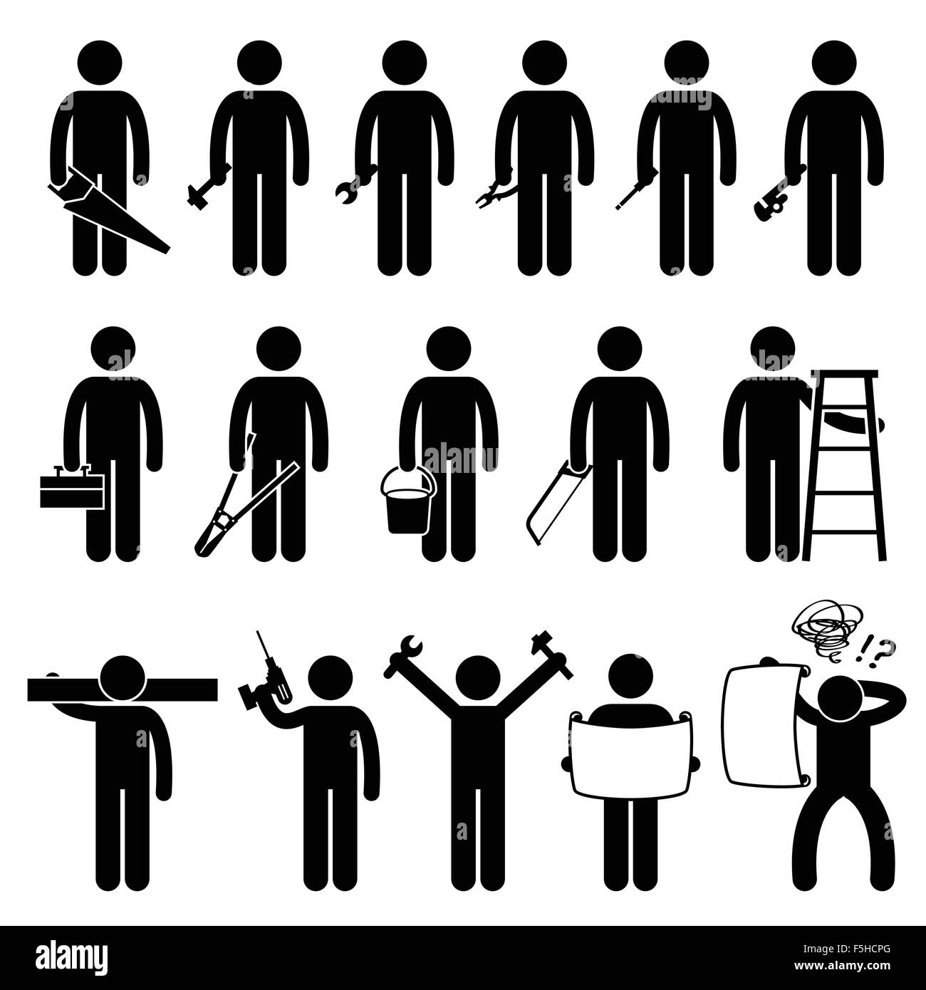 Travailleur bricoleur Bricolage à l'aide d'outils de travail Stick Figure Icônes pictogramme Illustration de Vecteur