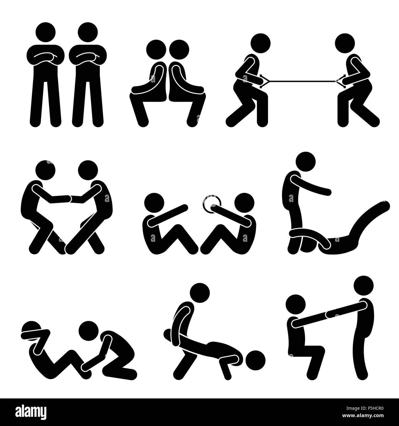 Exercice d'entraînement avec un partenaire Stick Figure Icônes pictogramme Illustration de Vecteur