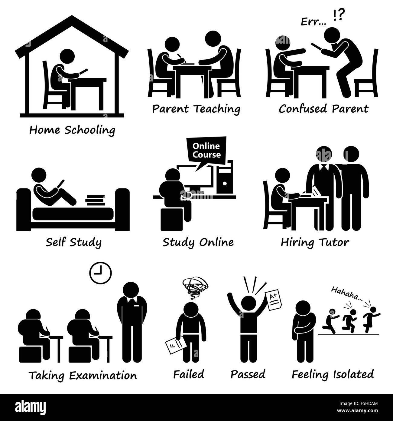 L'éducation scolaire à la maison Homeschooling Stick Figure Icônes pictogramme Illustration de Vecteur