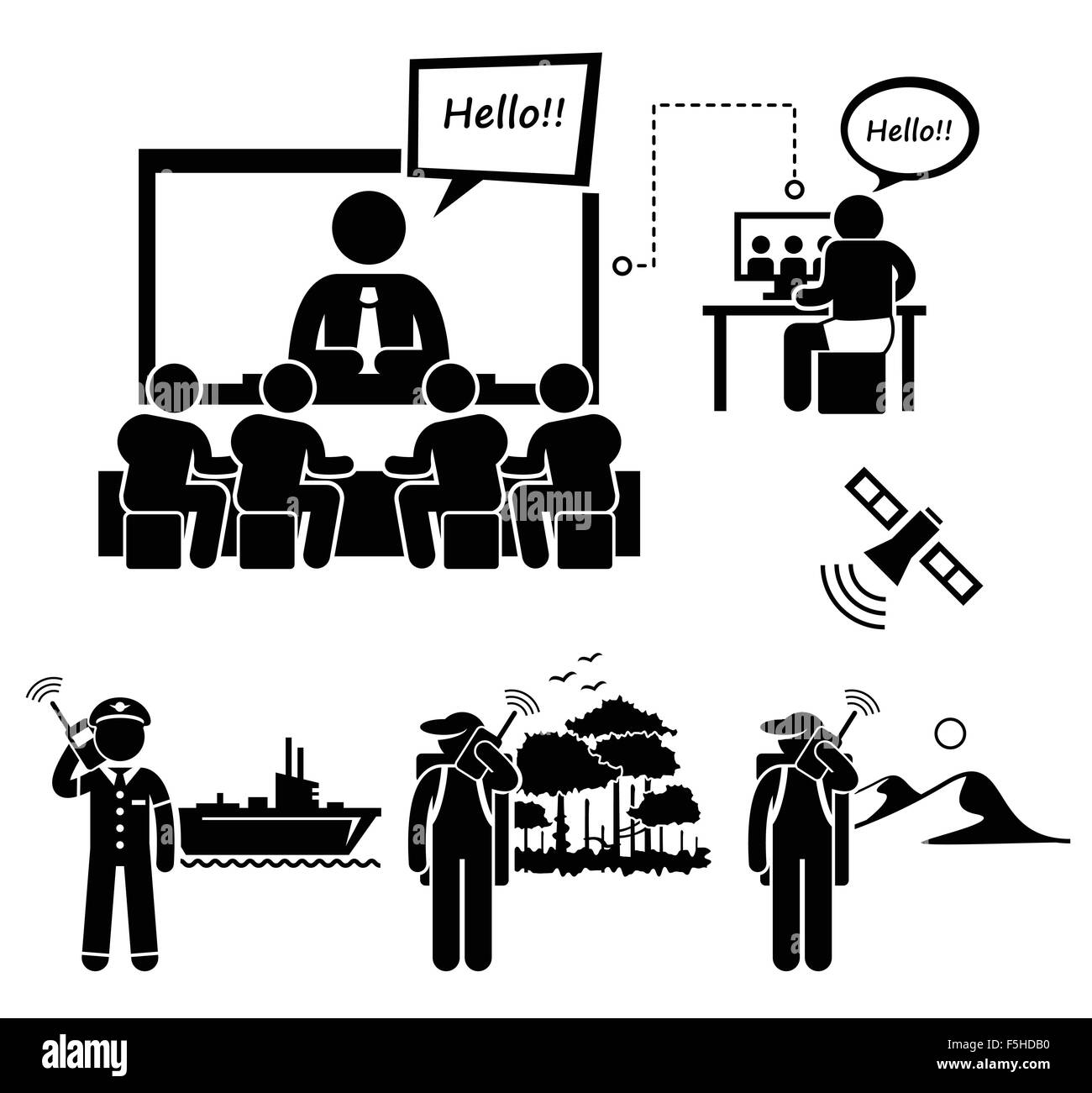 La vidéoconférence et l'homme d'affaires à l'aide Téléphone Satellite Stick Figure Icônes pictogramme Illustration de Vecteur