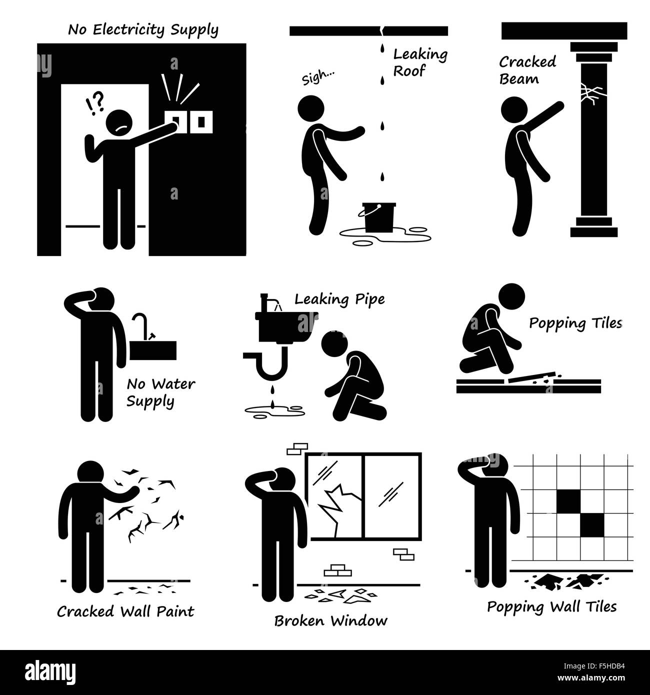 Vieux bâtiment maison cassée Stick Figure Problèmes Icônes pictogramme Illustration de Vecteur