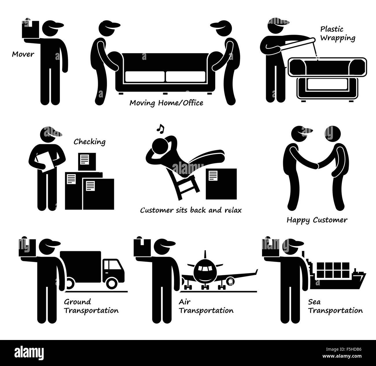 Les Services de transfert d'un déménagement de bureau sur l'icône Pictogramme Stick Figure Logistique Illustration de Vecteur