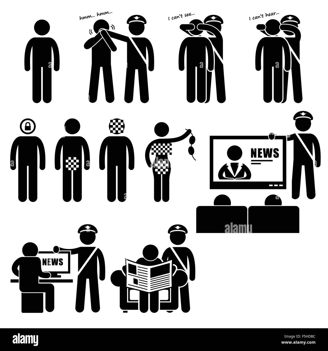Censurer le gouvernement censure les restrictions imposées aux médias Stick Figure Icône pictogramme Illustration de Vecteur