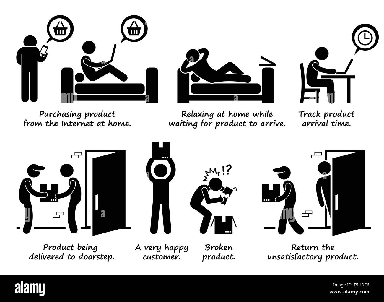 Achats en ligne étape par étape à la maison Stick Figure Icônes pictogramme Illustration de Vecteur