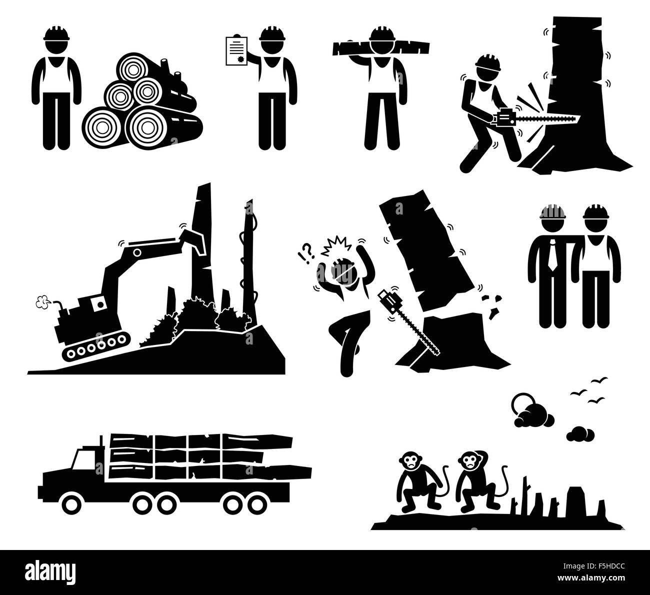 L'exploitation forestière bois déforestation Travailleur Stick Figure Icônes pictogramme Illustration de Vecteur