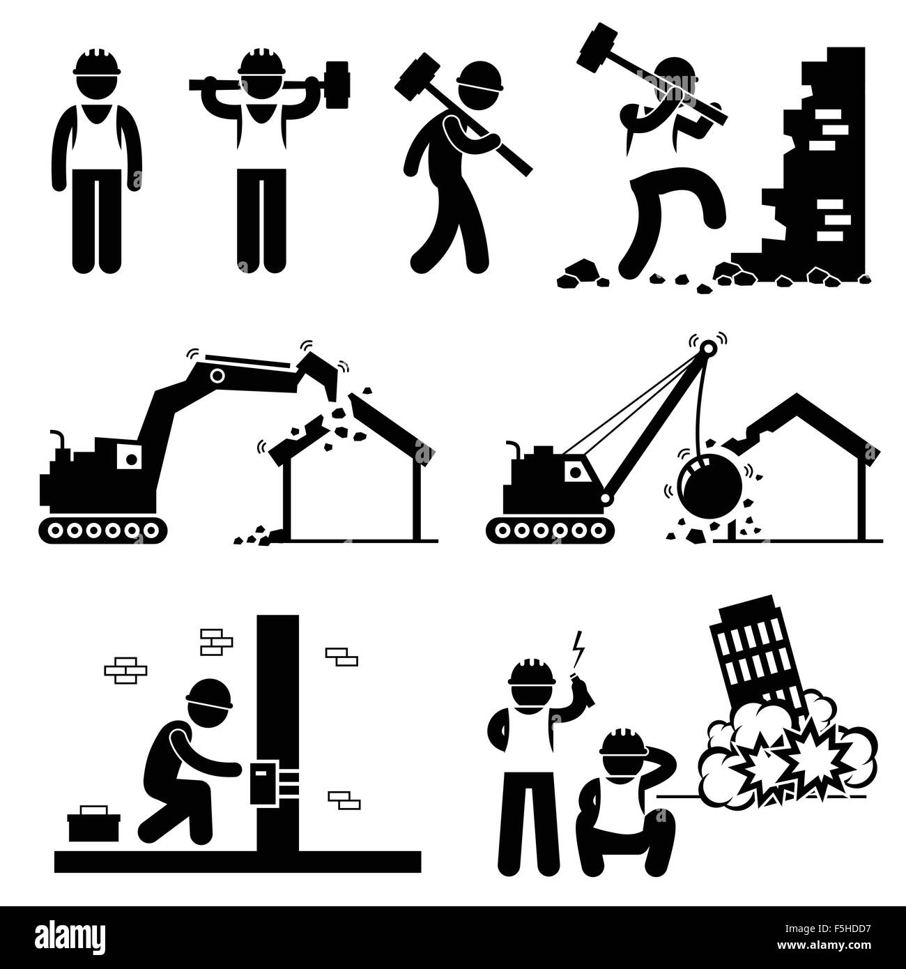 Travailleur de Démolition Démolition Bâtiment Stick Figure Icône Pictogramme Cliparts Illustration de Vecteur