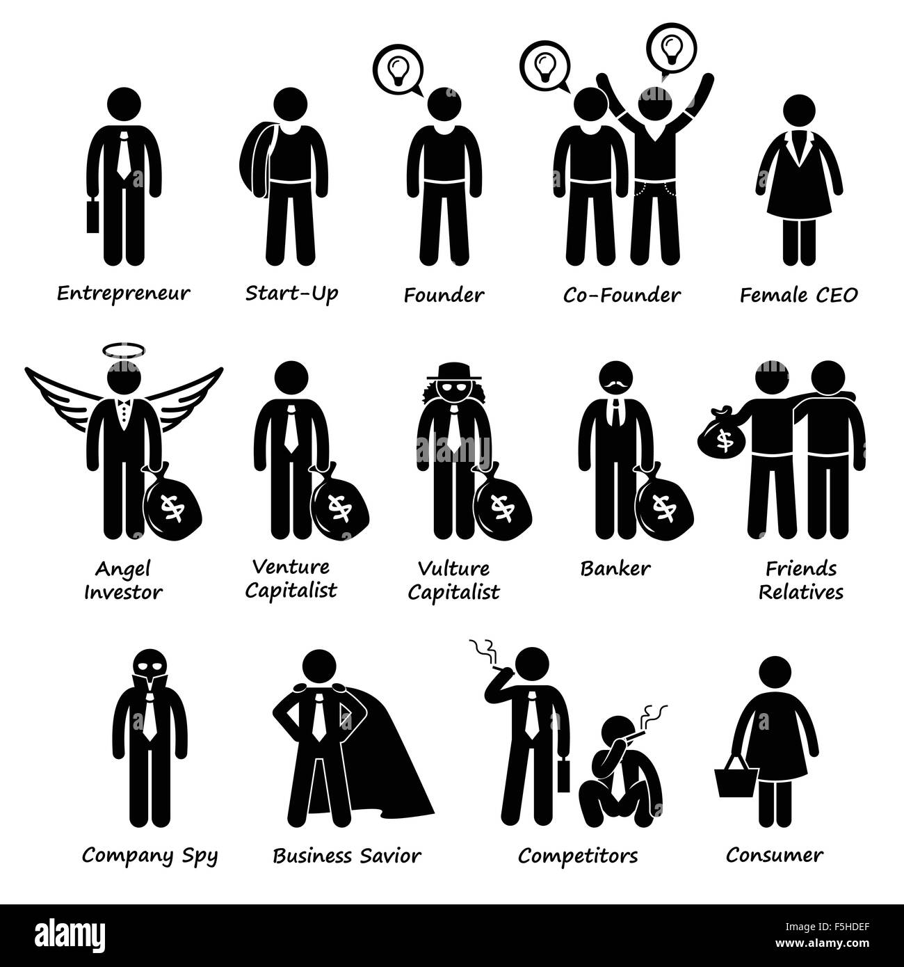 Les investisseurs et les entrepreneurs concurrents Stick Figure Icône Pictogramme Cliparts Illustration de Vecteur