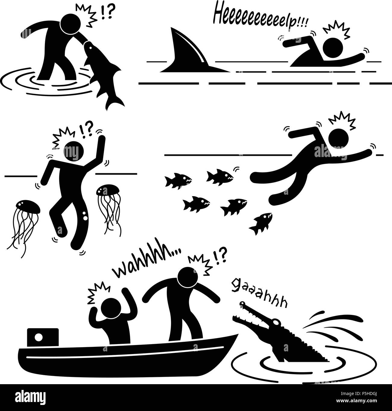 La mer de l'eau les poissons de rivière d'attaquer l'animal humain mal Stick Figure Icône pictogramme Illustration de Vecteur