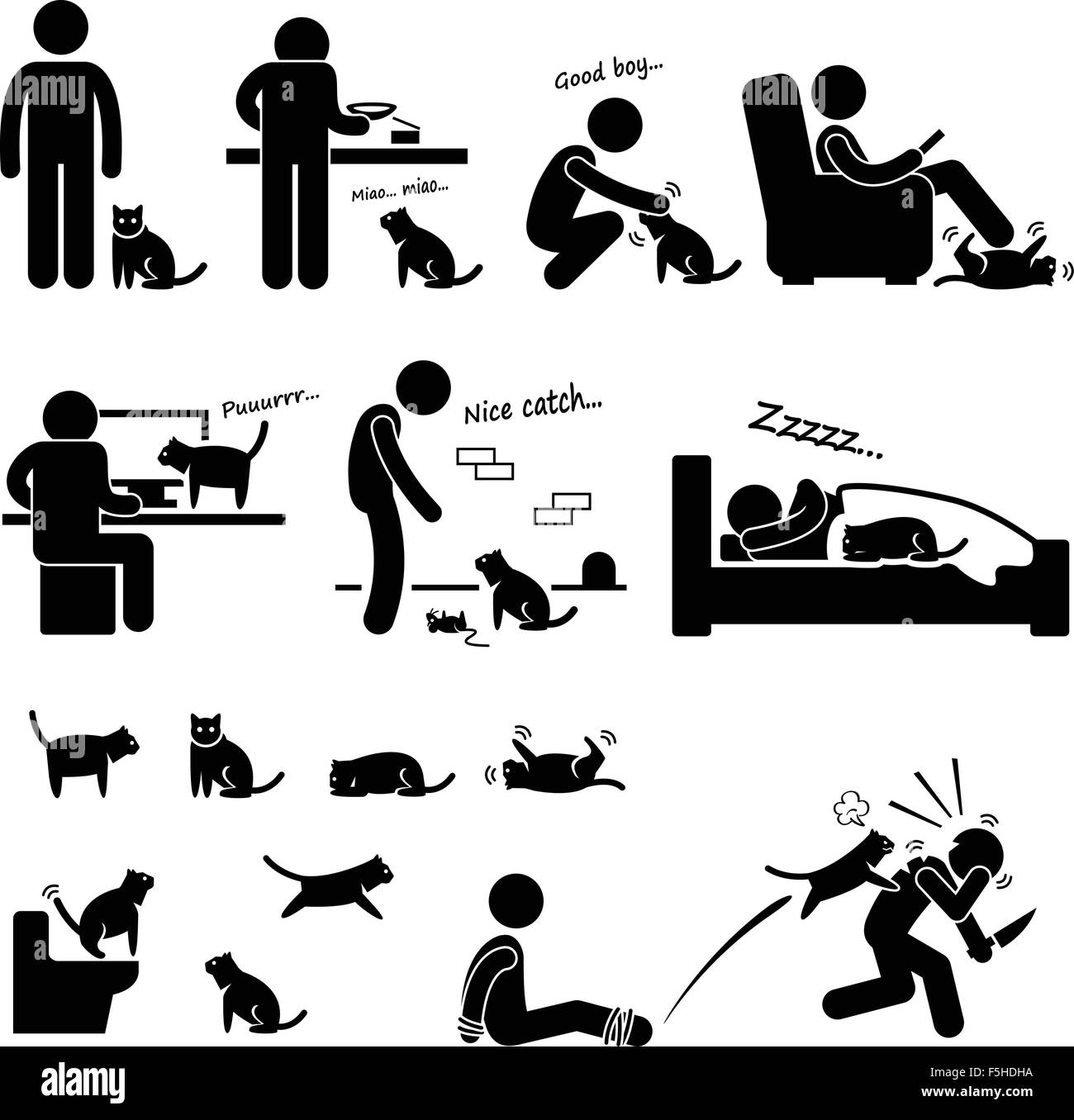 Homme et animal Relation Chat Stick Figure Icône pictogramme Illustration de Vecteur