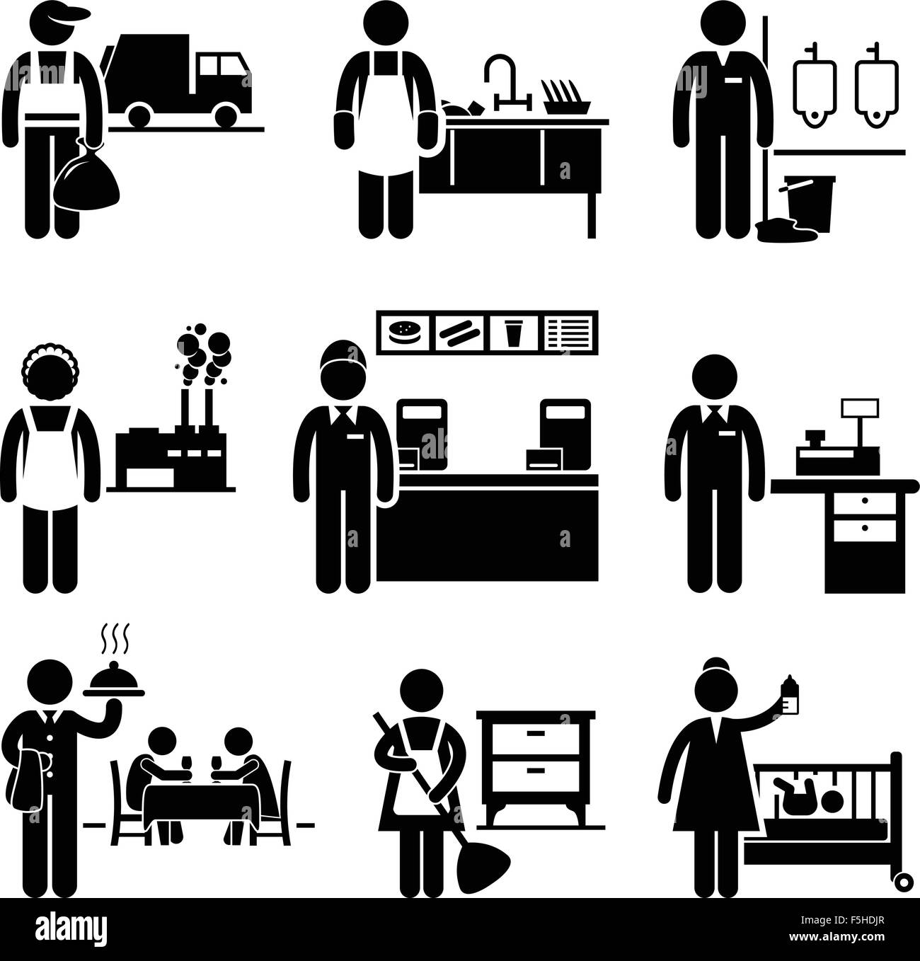 Emplois à faible revenu - Carrières Professions Éboueur, lave-vaisselle, Concierge, employé d'usine, restauration rapide serveur, caissier, serveur, femme de chambre, Illustration de Vecteur