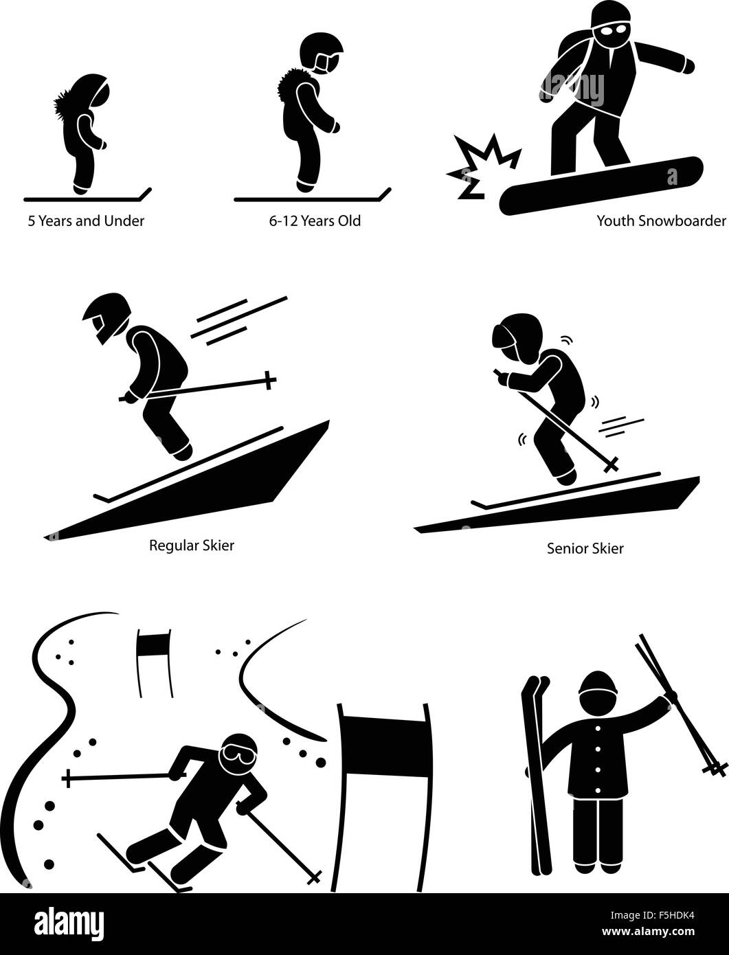 Ski Ski skieurs âgés Catégorie Division Stick Figure Icône pictogramme Illustration de Vecteur