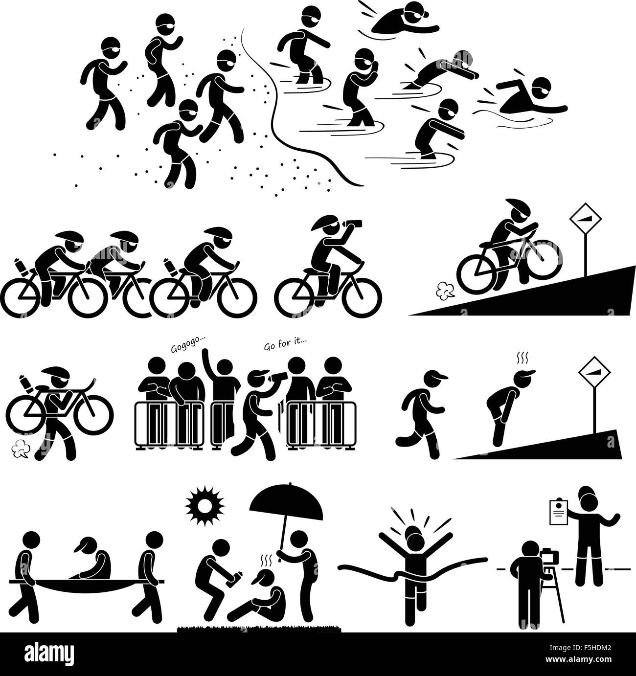 Natation Cyclisme Triathlon Marathon Running Sports Stick Figure Symbole Icône pictogramme Illustration de Vecteur
