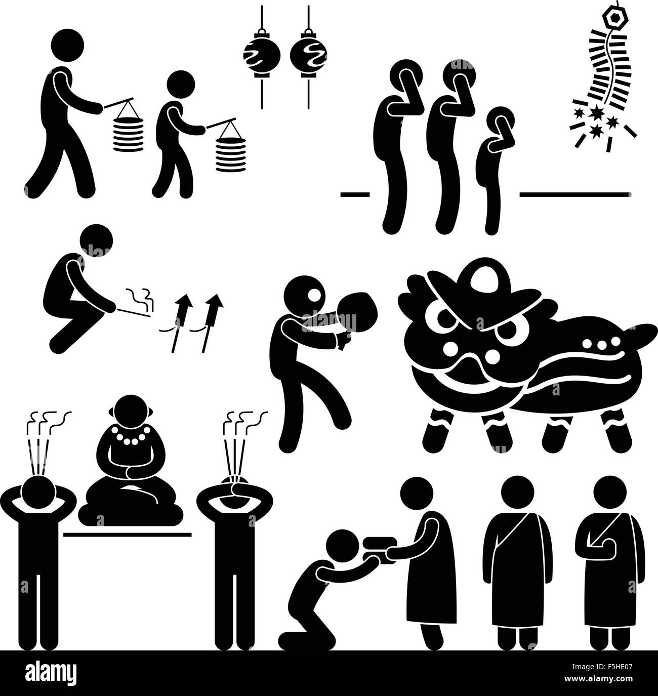 Asie Chine Culture chinoise Religion Tradition Stick Figure Icône pictogramme Illustration de Vecteur